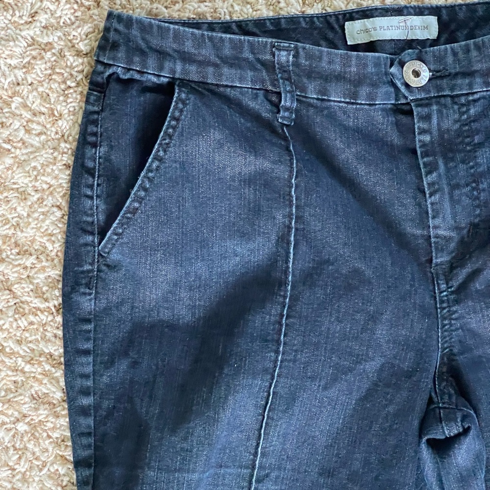 Chico's Platinum Dark Denim Dressy Bootcut Flare Jeans Size (12) 2 - Picture 3 of 9